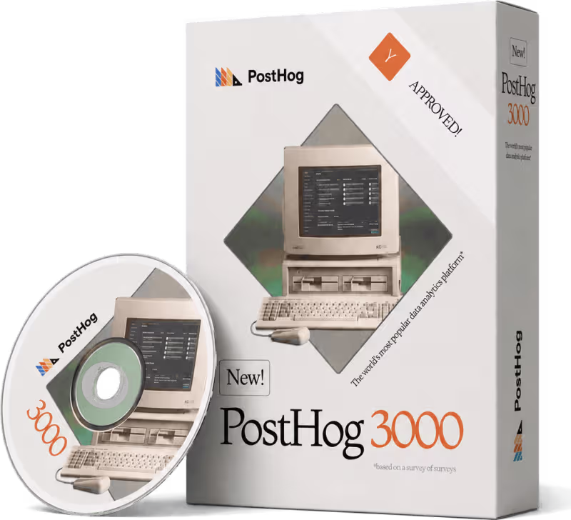 A boxed copy of PostHog 3000, 1990s shrink-wrapped software style, with its CD-ROM leaning against it
